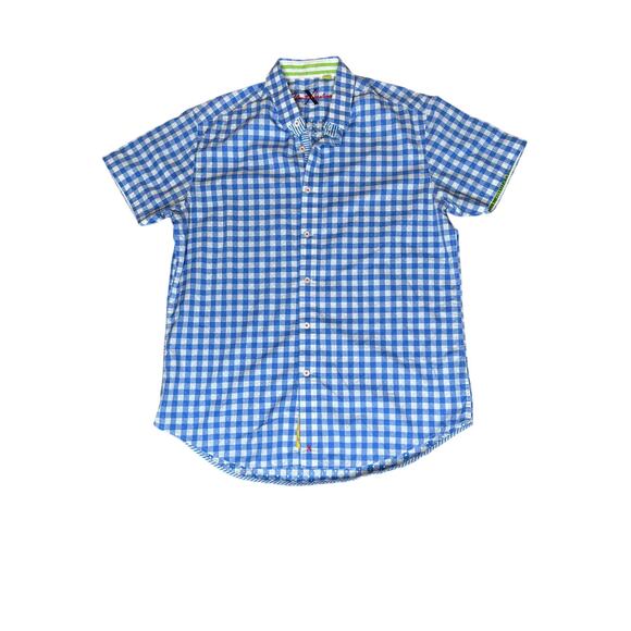 Robert Graham size L shirt, button up plaid blue/white short sleeve office - Picture 1 of 6